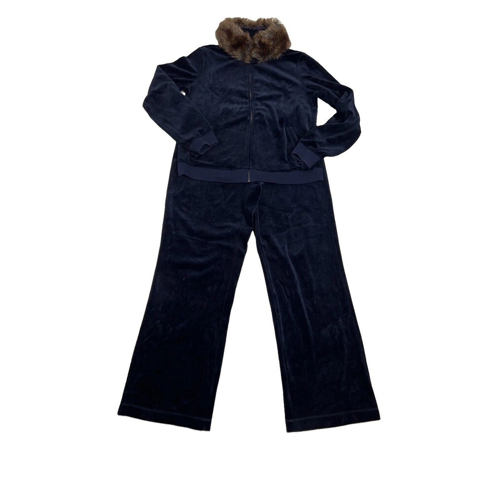 VTG Lauren Ralph Lauren Track Suit Faux Fur M Jacket Pants Set Navy Blue Velour